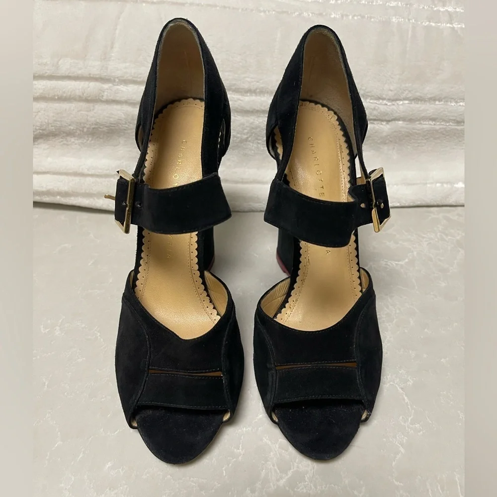EUC CHARLOTTE OLYMPIA MARCELLA 100 SUEDE WEDGE IN BLACK
